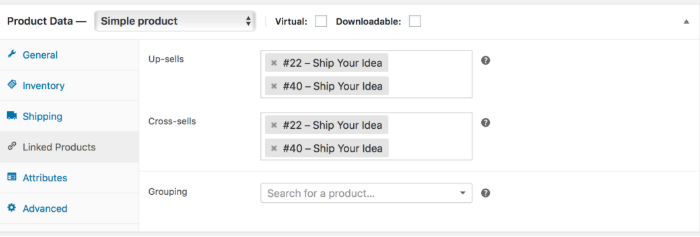 The WooCommerce Product Data settings panel showing the Linked Products tab with Up-sells and Cross-sells fields.