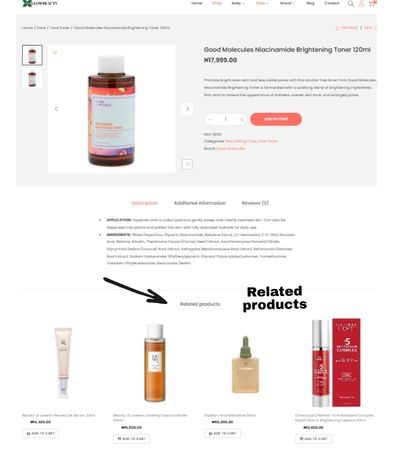 A WooCommerce product page showing automated related products displayed at the bottom of the product layout.